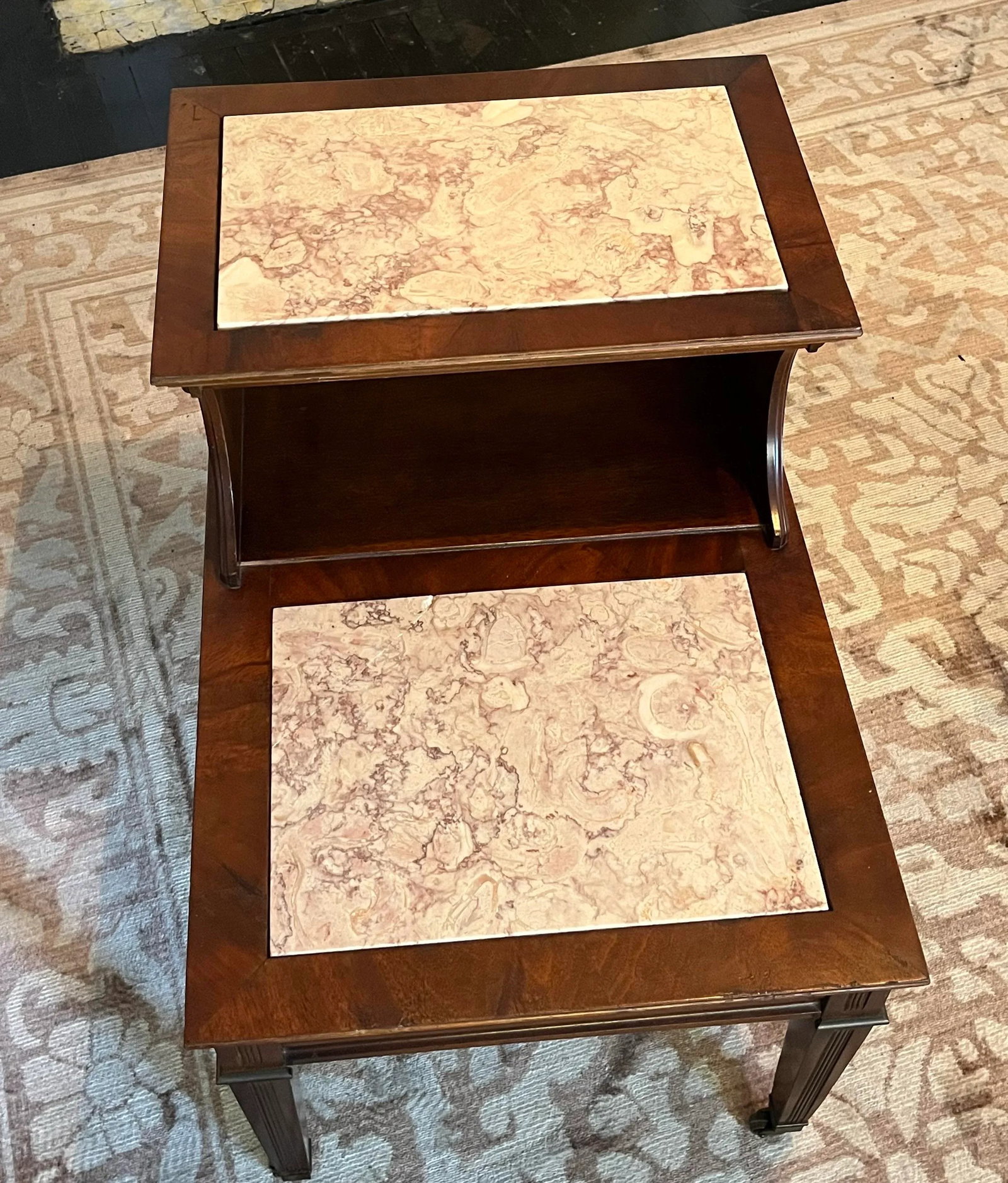 Walnut Two-Tier Table With Marble Inlay - Mid Century - 3