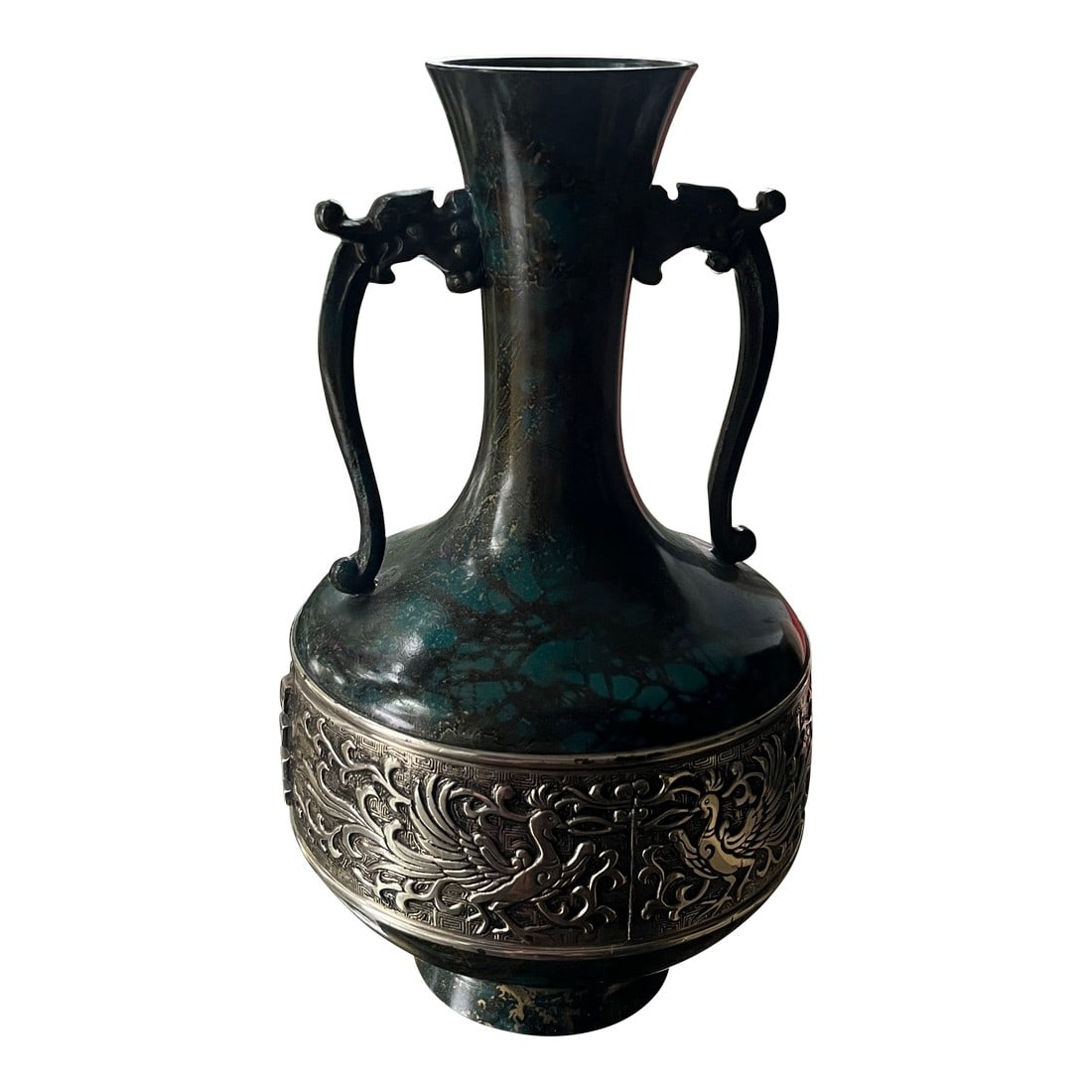 Vintage Japanese Bronze Dragon Motif Amphora Vessel: Wonderful Japanese dragon vase will make a vintage accent to any space. This vase has a jade and gold oxidized finish two inch band with four rising phoenixes motifs on each side. The handles are