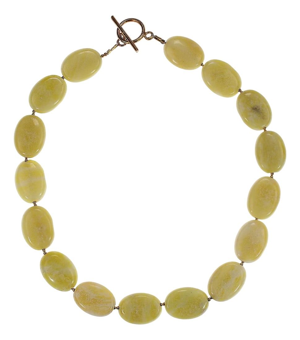 Ajd, 18 Inches, Oval Lemon-Yellow Magnesite Necklace: Add a radiant touch to your jewelry collection with this stunning 18-inch necklace featuring lemon-yellow Magnesite oval tablets, each measuring a generous 24 x 18 mm. The vibrant yellow hue of the