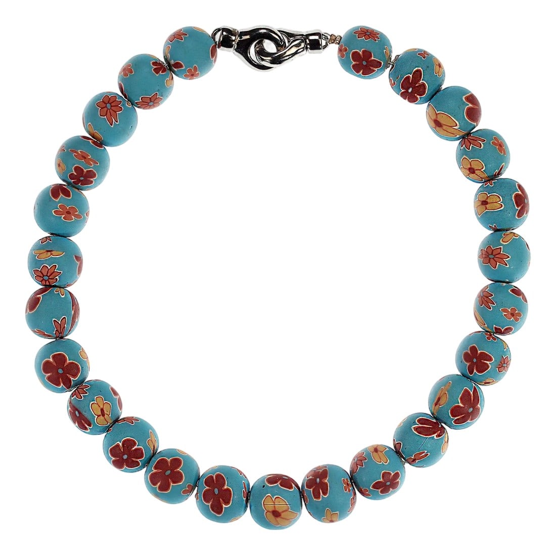 Ajd 16" Blue Chinese Polymer Bead Necklace W/Mauve and Tan Flowers: This elegant 16-inch choker necklace is a stunning fusion of traditional artistry and modern charm. It features Chinese polymer clay beads, each adorned with intricate floral motifs in a harmonious