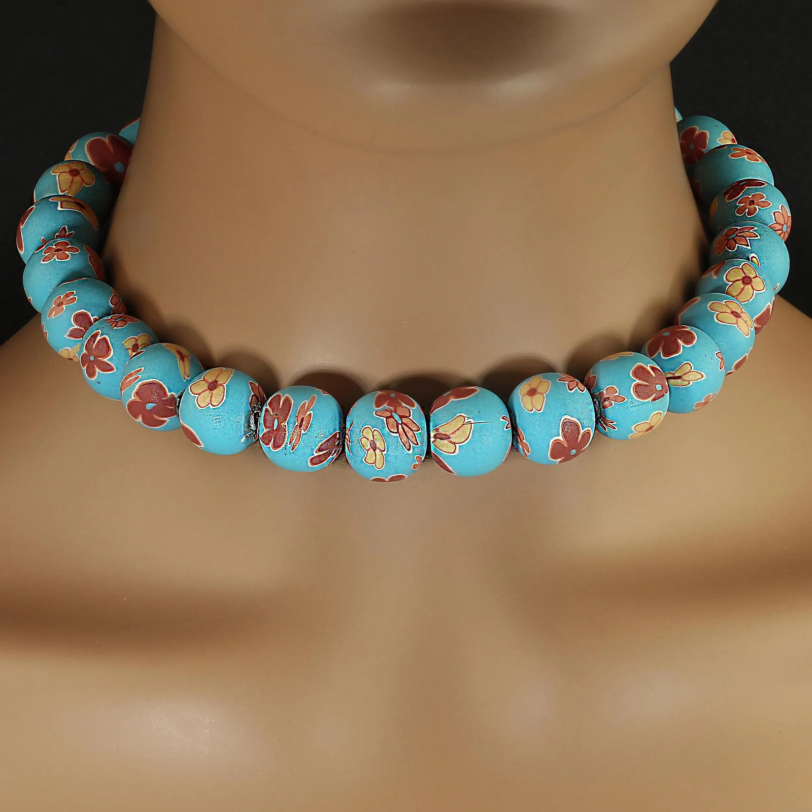 Ajd 16" Blue Chinese Polymer Bead Necklace W/Mauve and Tan Flowers - 2