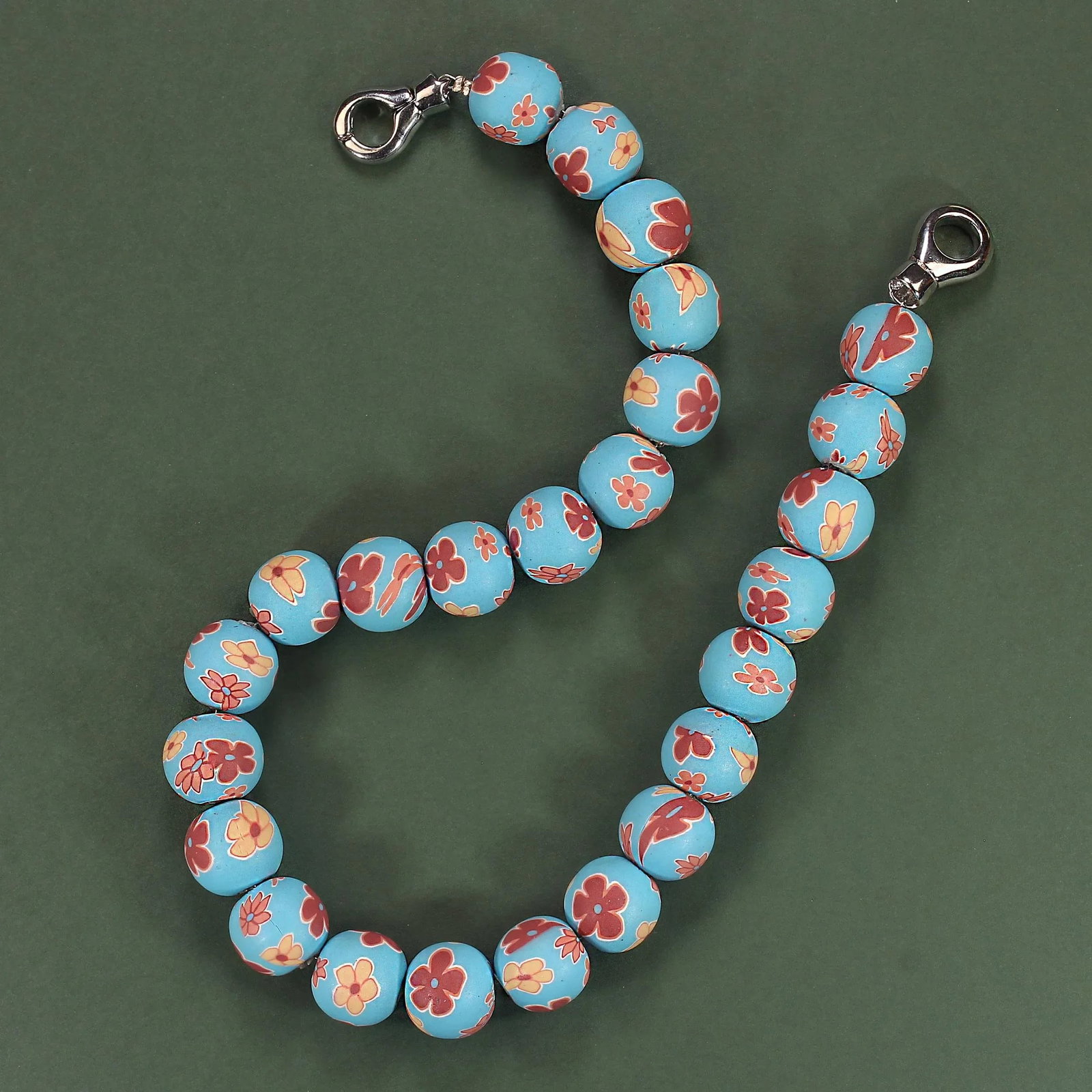 Ajd 16" Blue Chinese Polymer Bead Necklace W/Mauve and Tan Flowers - 3
