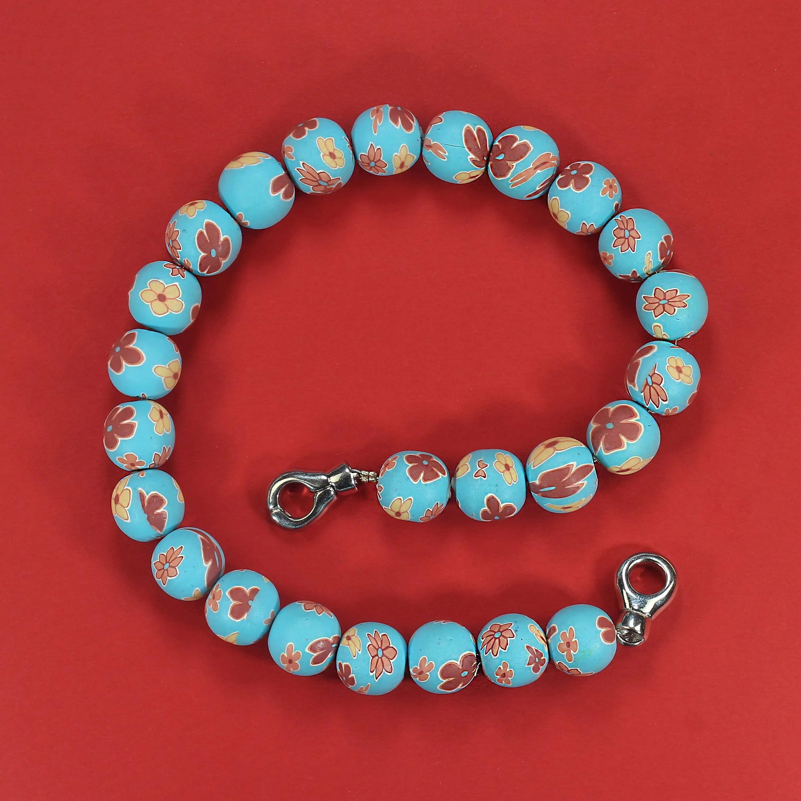 Ajd 16" Blue Chinese Polymer Bead Necklace W/Mauve and Tan Flowers - 4