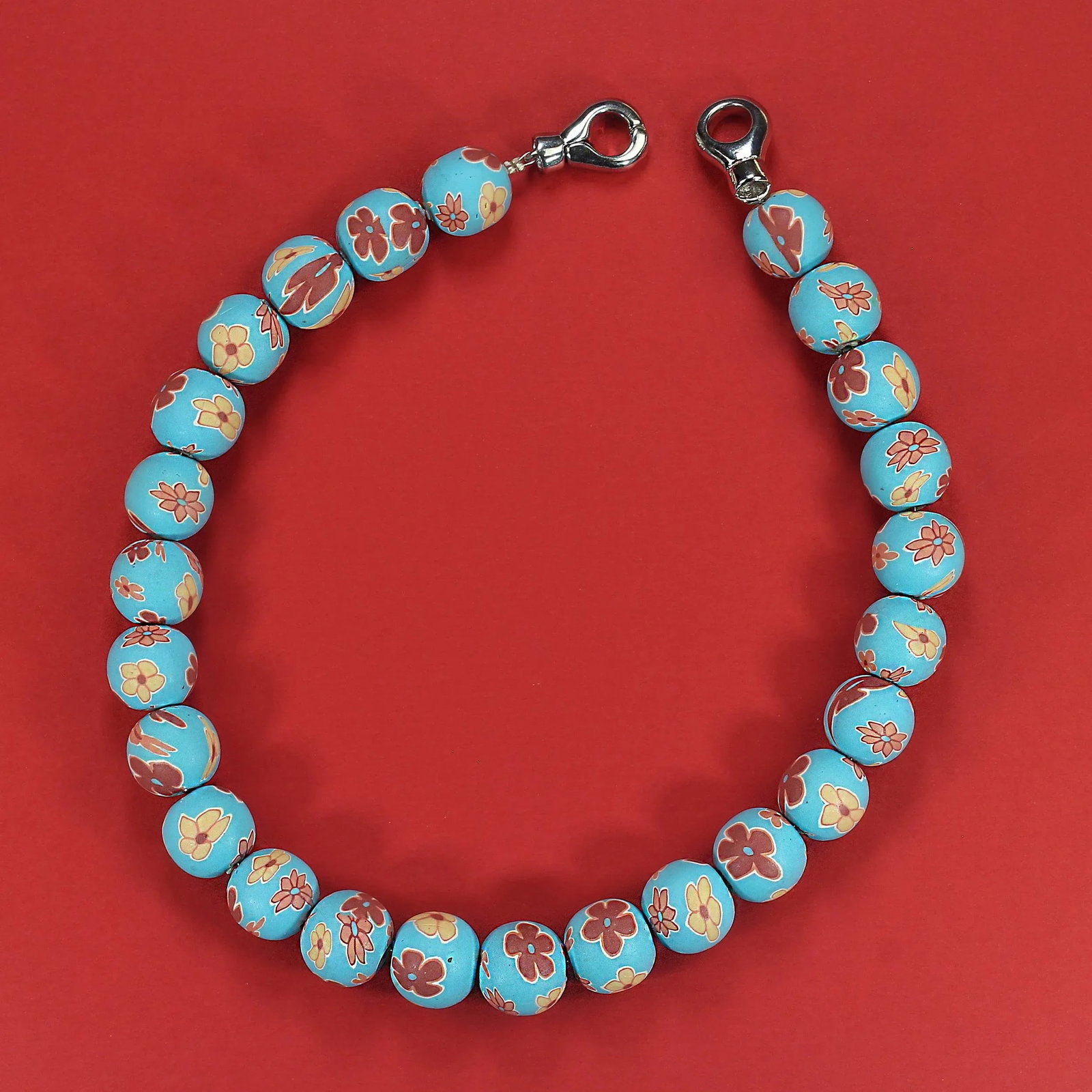 Ajd 16" Blue Chinese Polymer Bead Necklace W/Mauve and Tan Flowers - 5