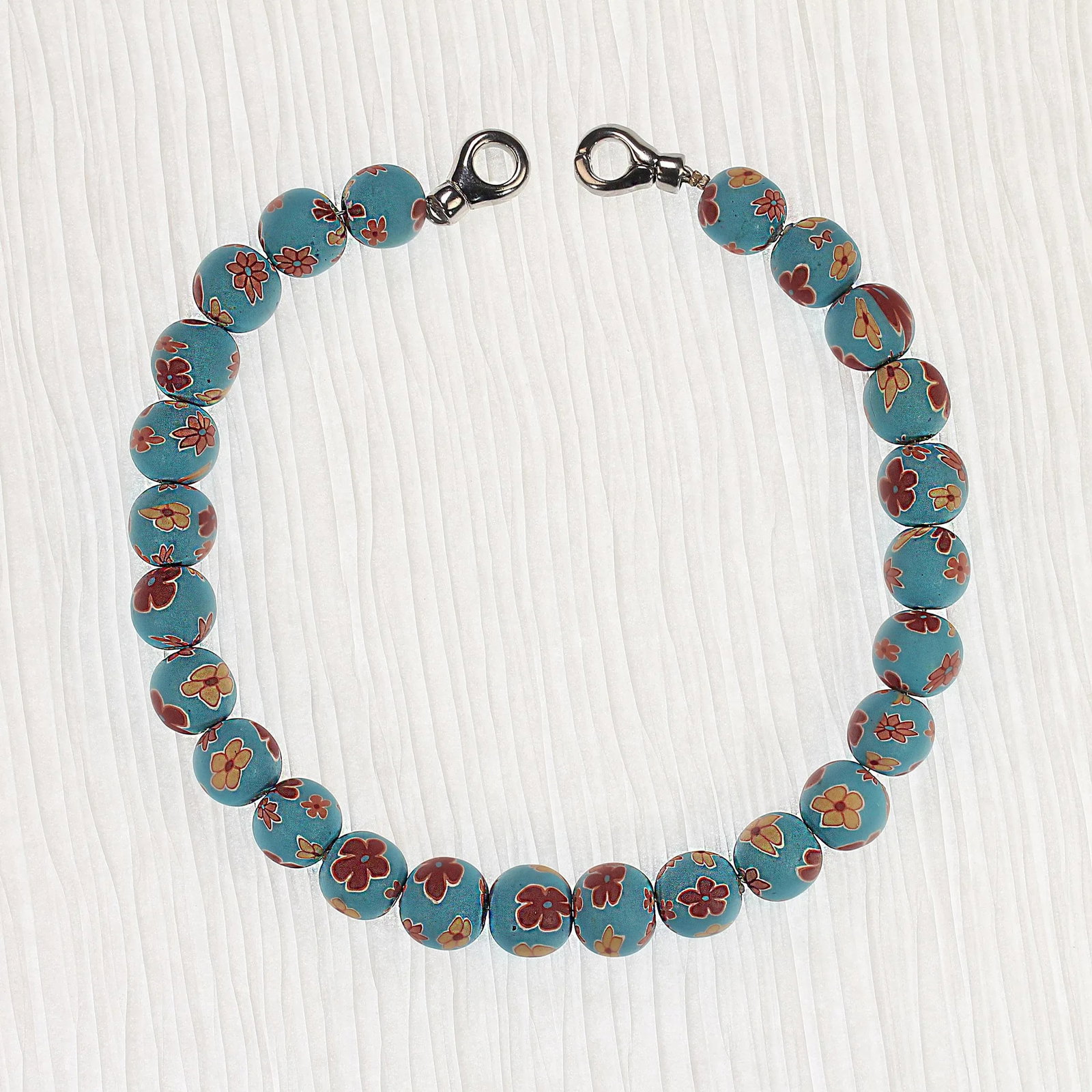 Ajd 16" Blue Chinese Polymer Bead Necklace W/Mauve and Tan Flowers - 6