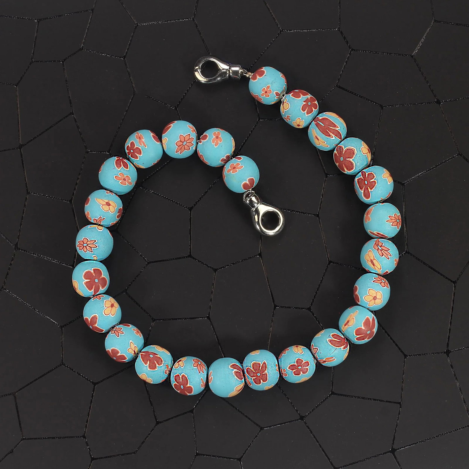 Ajd 16" Blue Chinese Polymer Bead Necklace W/Mauve and Tan Flowers - 7