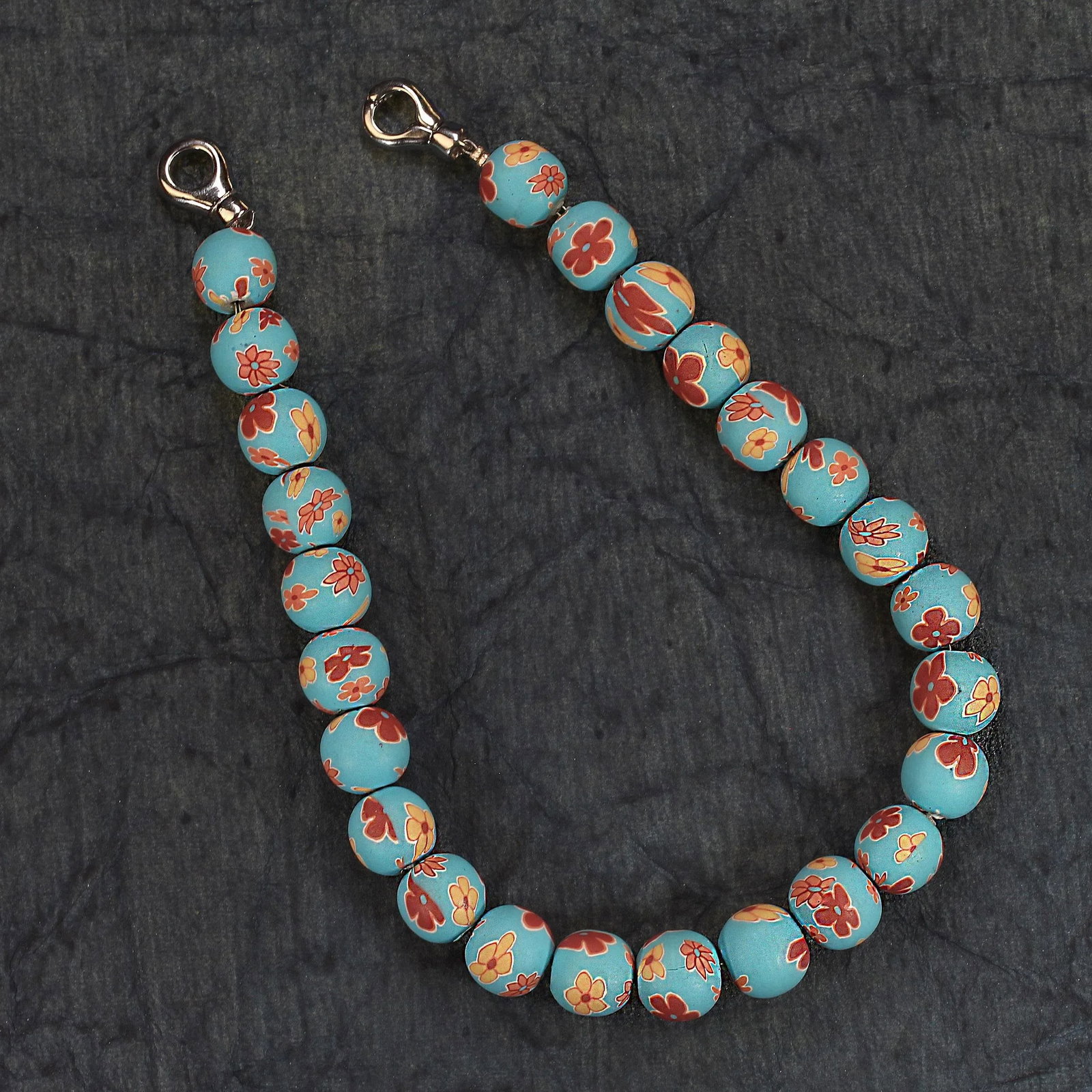 Ajd 16" Blue Chinese Polymer Bead Necklace W/Mauve and Tan Flowers - 8