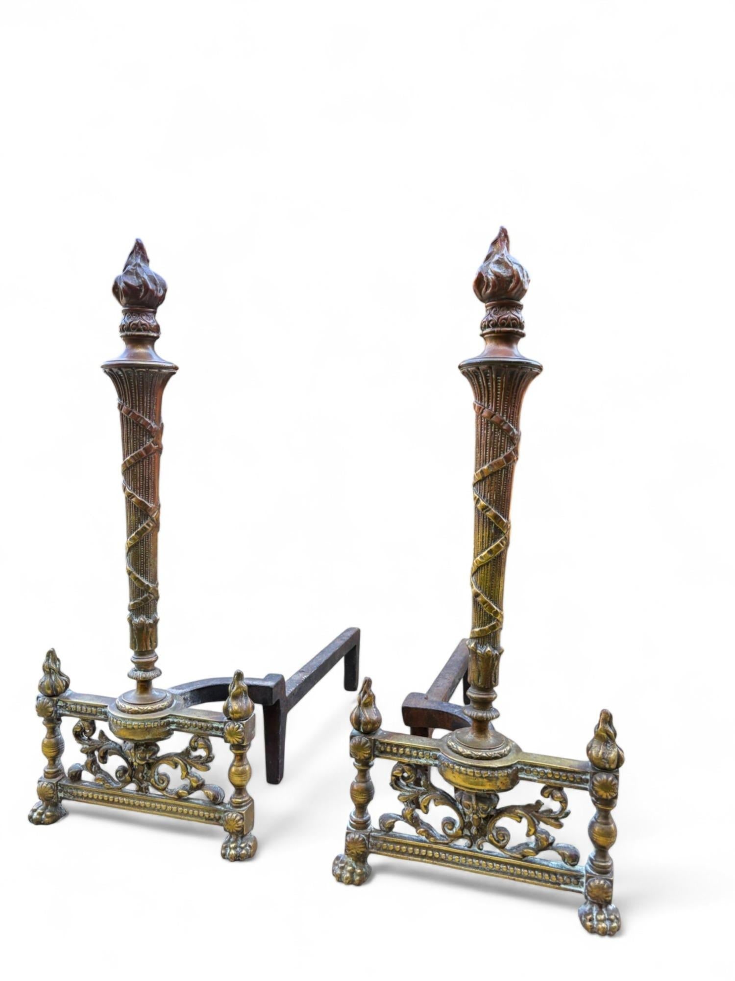 Andirons Louis XVI Style Flame Torch Antique Brass a Pair - 12