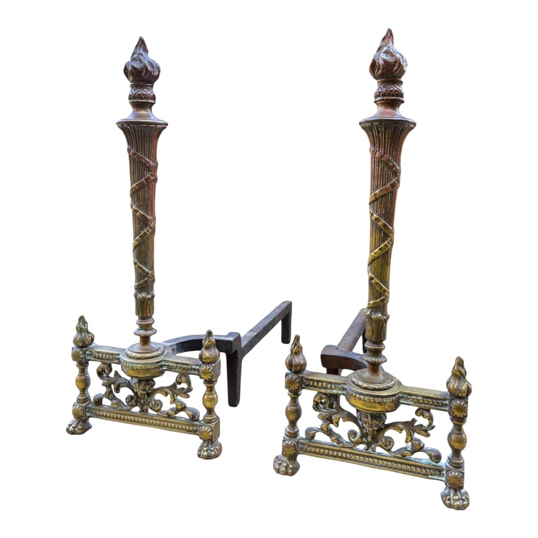 Andirons Louis XVI Style Flame Torch Antique Brass a Pair: The Front Brass is connected by bolt to the Cast iron extended log holders (and will be separated for shipping). Condition: Alterations: Original Condition Unaltered Imperfections: Some Imperfections