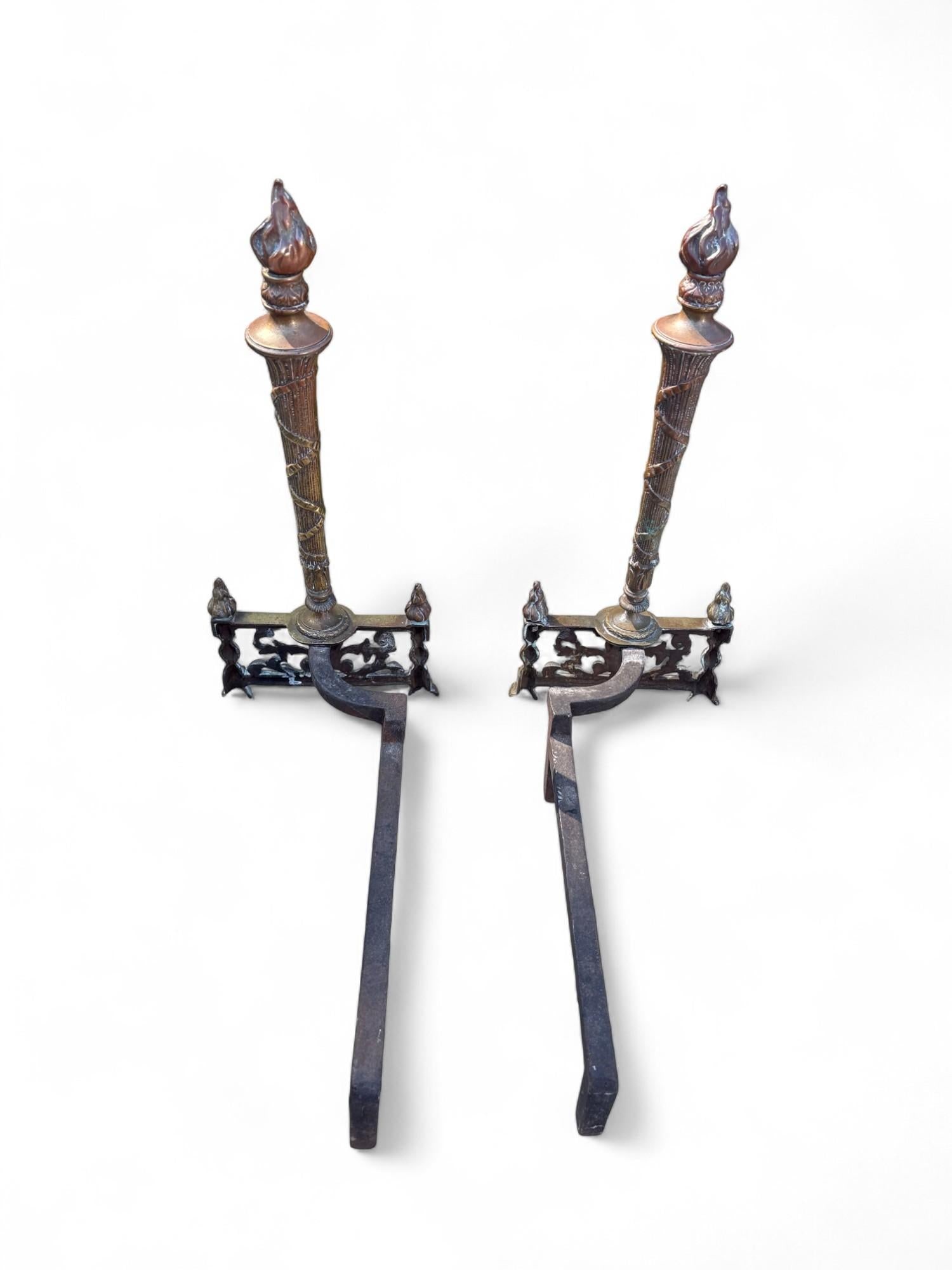 Andirons Louis XVI Style Flame Torch Antique Brass a Pair - 5