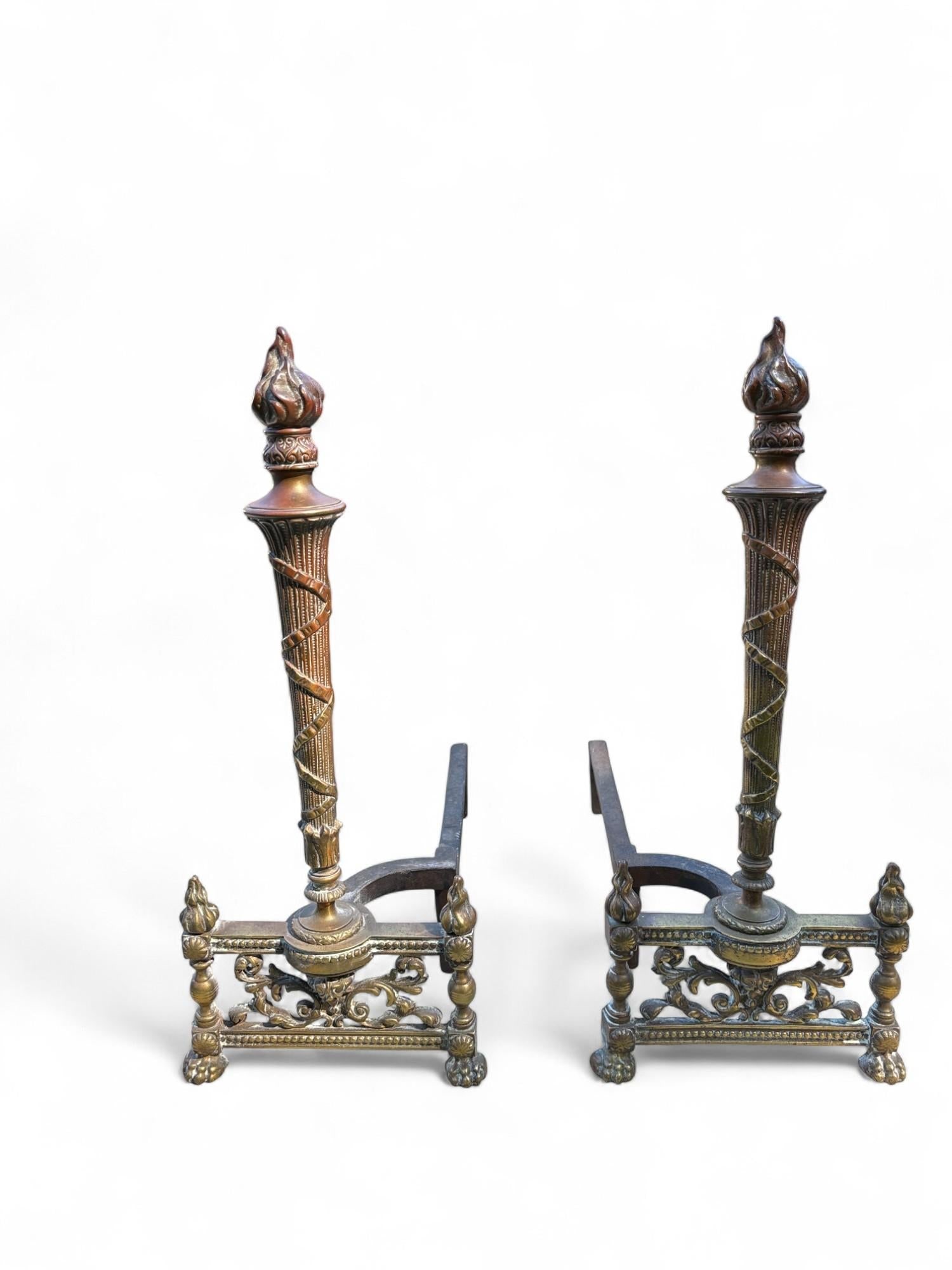 Andirons Louis XVI Style Flame Torch Antique Brass a Pair - 6