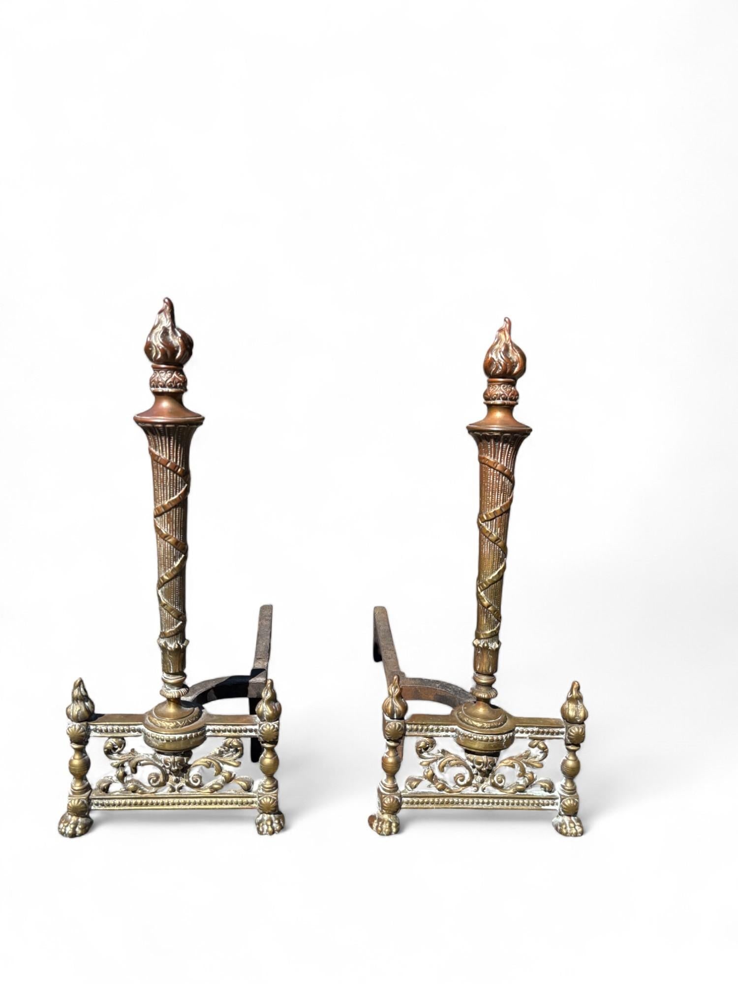 Andirons Louis XVI Style Flame Torch Antique Brass a Pair - 9