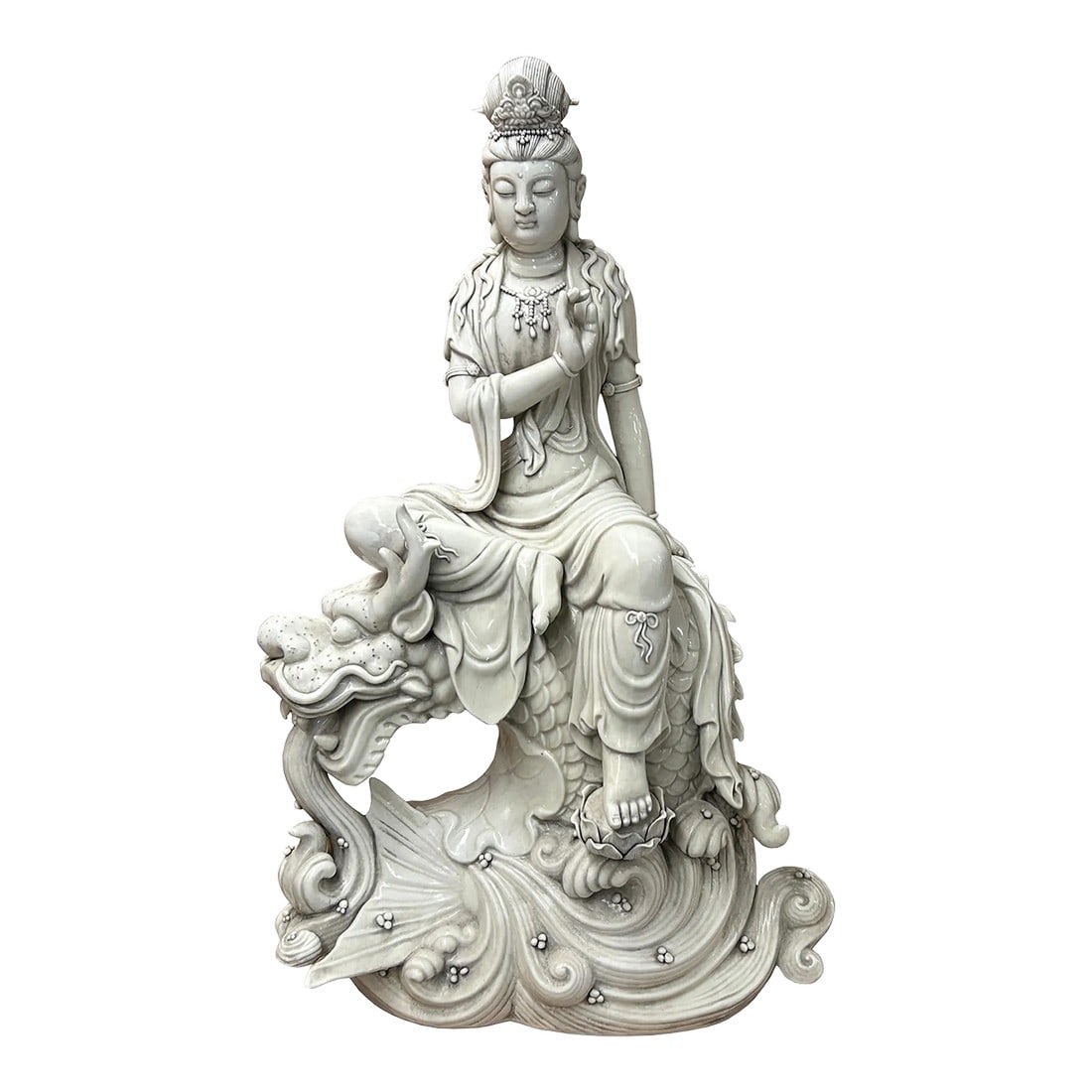 Chinese Handcrafted GuanYin Bodhisattva on Dragon White Porcelain Statue: Discover the serene beauty of our exquisite White Porcelain Guan Yin Statue, a timeless masterpiece that embodies peace, compassion, and divine grace. Crafted with meticulous detail, this elegant