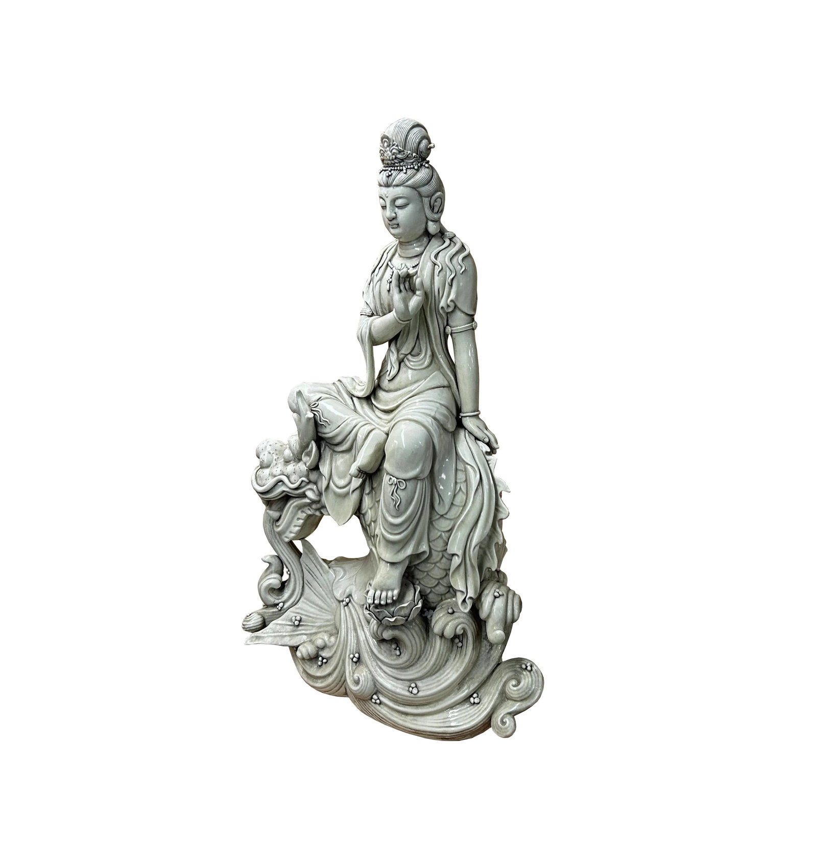 Chinese Handcrafted GuanYin Bodhisattva on Dragon White Porcelain Statue - 4