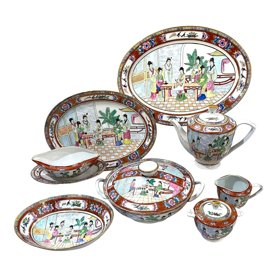Vintage Famille Rose Mandarin Chinoiserie Porcelain Serving Pieces Set of 8: Intricately hand-painted 82 piece Famille Rose Porcelain dinnerware service for twelve. With 24 carat gold accents. Purchased in the People's Republic of China in the 1970's. It was rarely if ever use