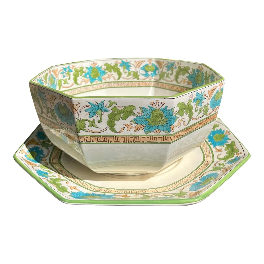 Antique Wedgwood Formosa Serving Bowl & Plate Set: Antique Wedgwood serving bowl and plate set. Creamy white background with tan scrolls and turquoise/green florals & trim. Bowl- 9.5"L x 5"H Plate- 12"L x 1.5"H Condition: Alterations: Original