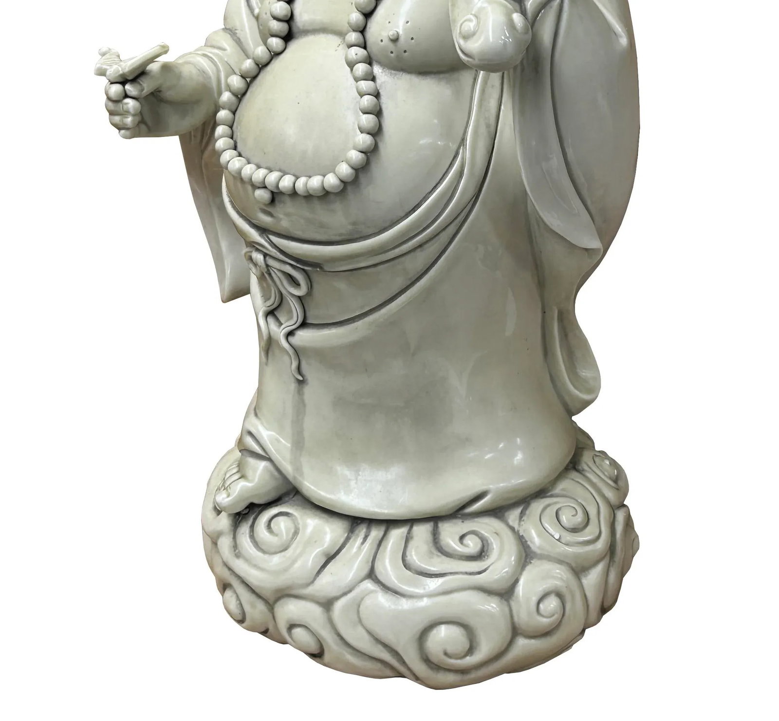Oriental White Standing Happy Laughing Buddha Ru Yi Bat Porcelain Figure - 10