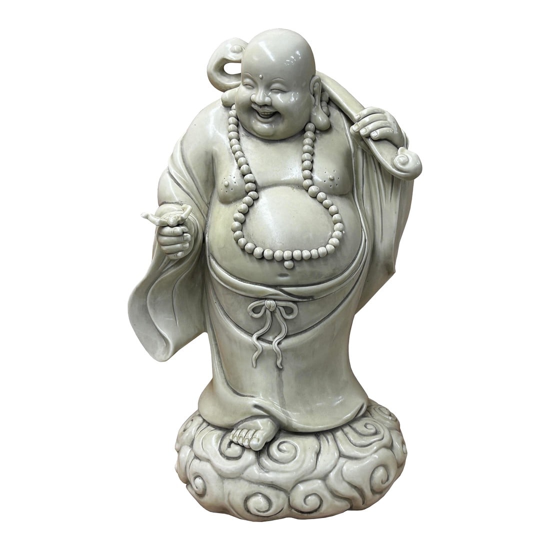 Oriental White Standing Happy Laughing Buddha Ru Yi Bat Porcelain Figure: Elevate your space with this exquisite handcrafted statue featuring the revered Laughing Buddha, a symbol of joy, abundance, and prosperity. Meticulously sculpted from high-quality ceramic, this