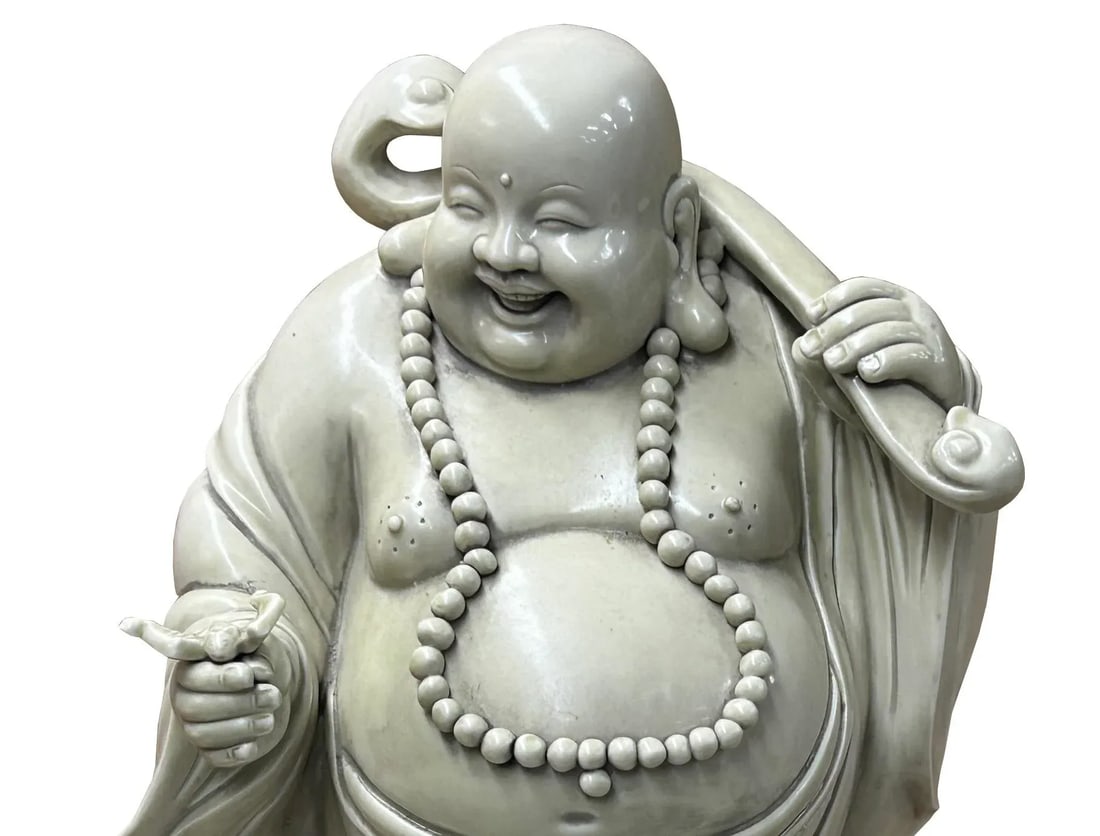 Oriental White Standing Happy Laughing Buddha Ru Yi Bat Porcelain Figure - 4