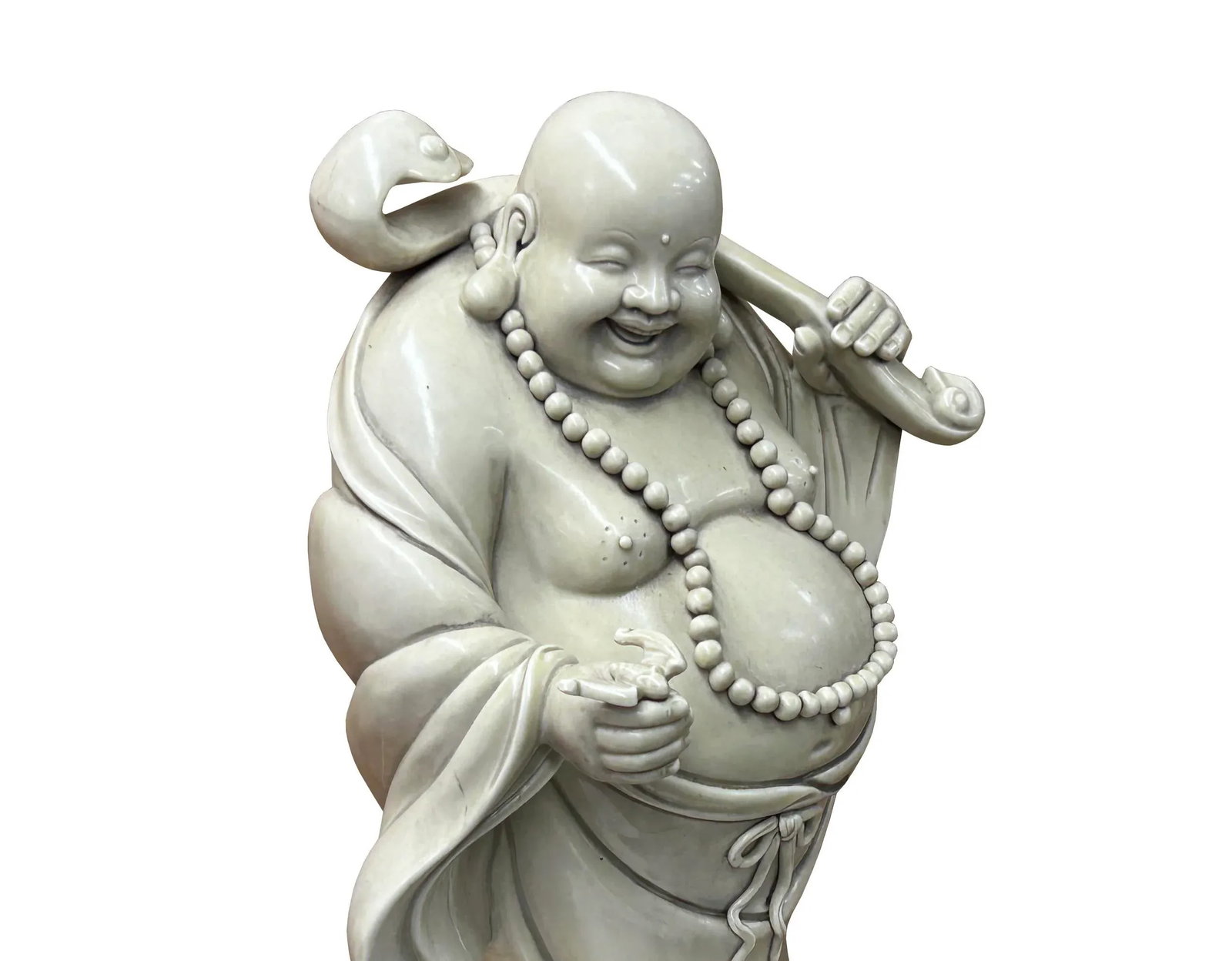 Oriental White Standing Happy Laughing Buddha Ru Yi Bat Porcelain Figure - 5