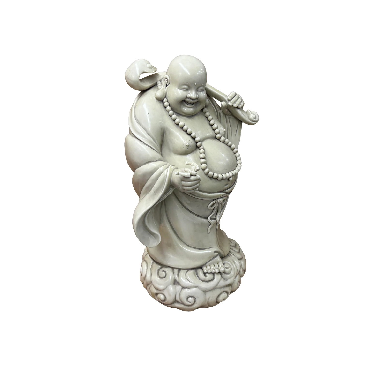 Oriental White Standing Happy Laughing Buddha Ru Yi Bat Porcelain Figure - 6
