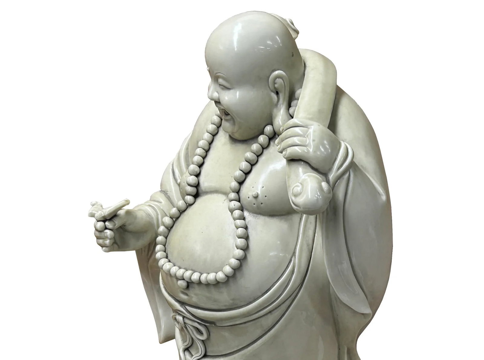 Oriental White Standing Happy Laughing Buddha Ru Yi Bat Porcelain Figure - 8