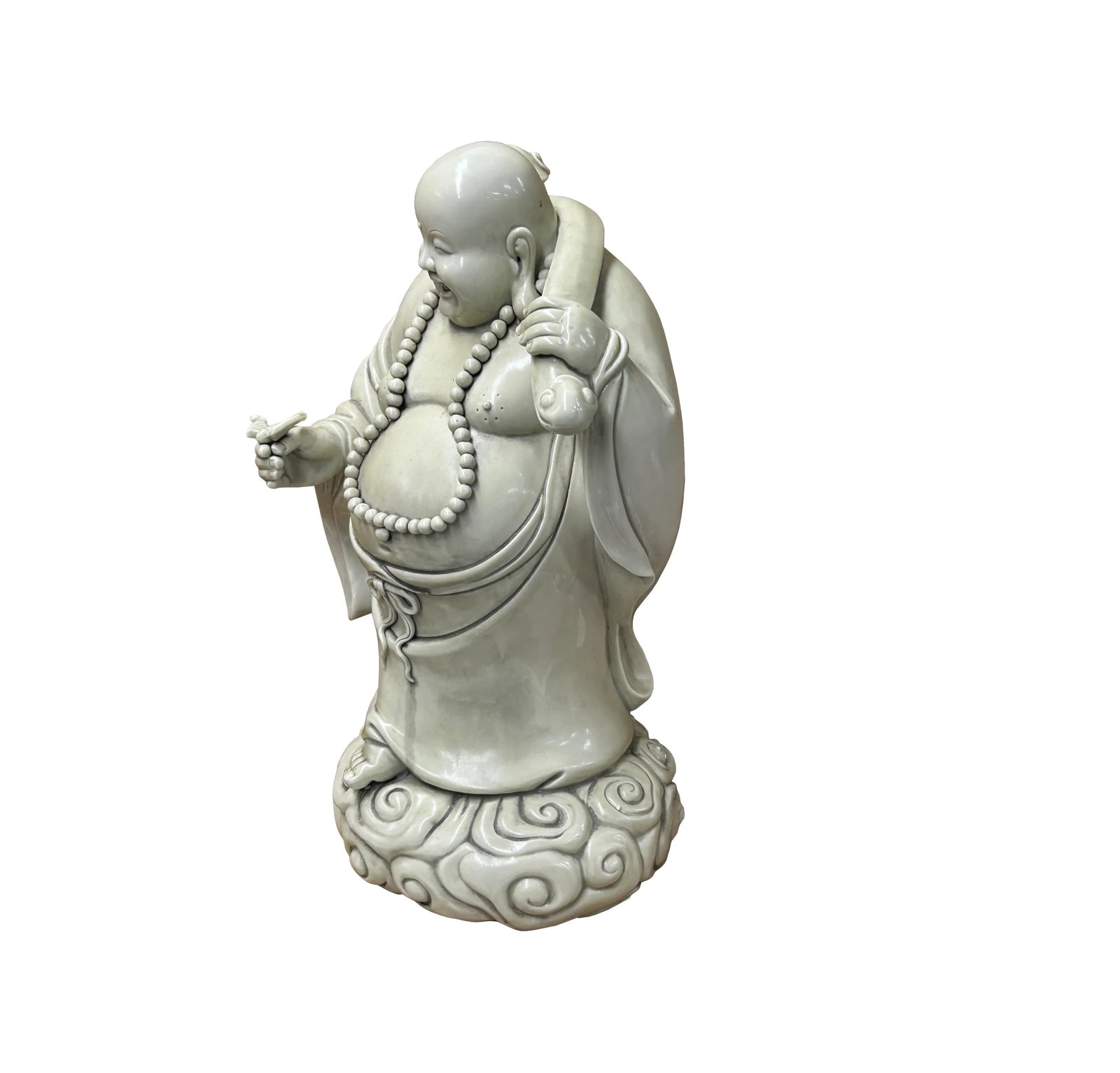 Oriental White Standing Happy Laughing Buddha Ru Yi Bat Porcelain Figure - 9