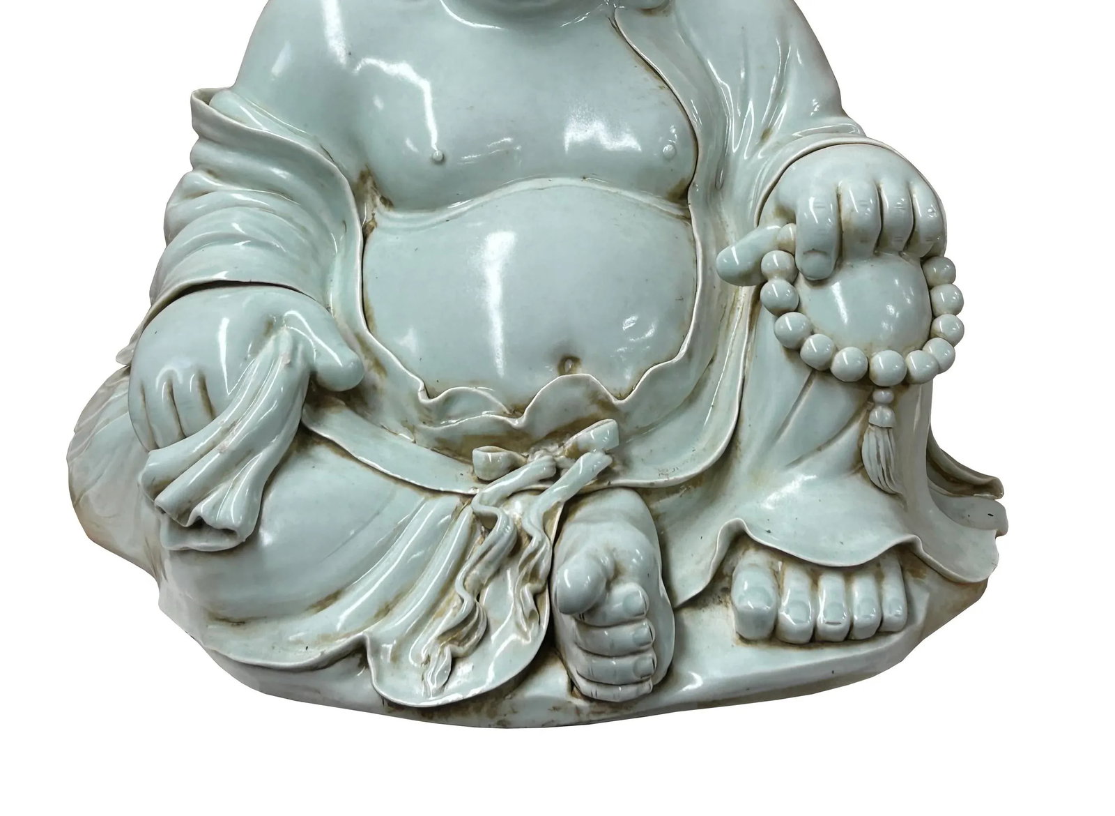 Oriental White Happy Laughing Buddha Ru Yi Praying Beads Porcelain Figure - 10