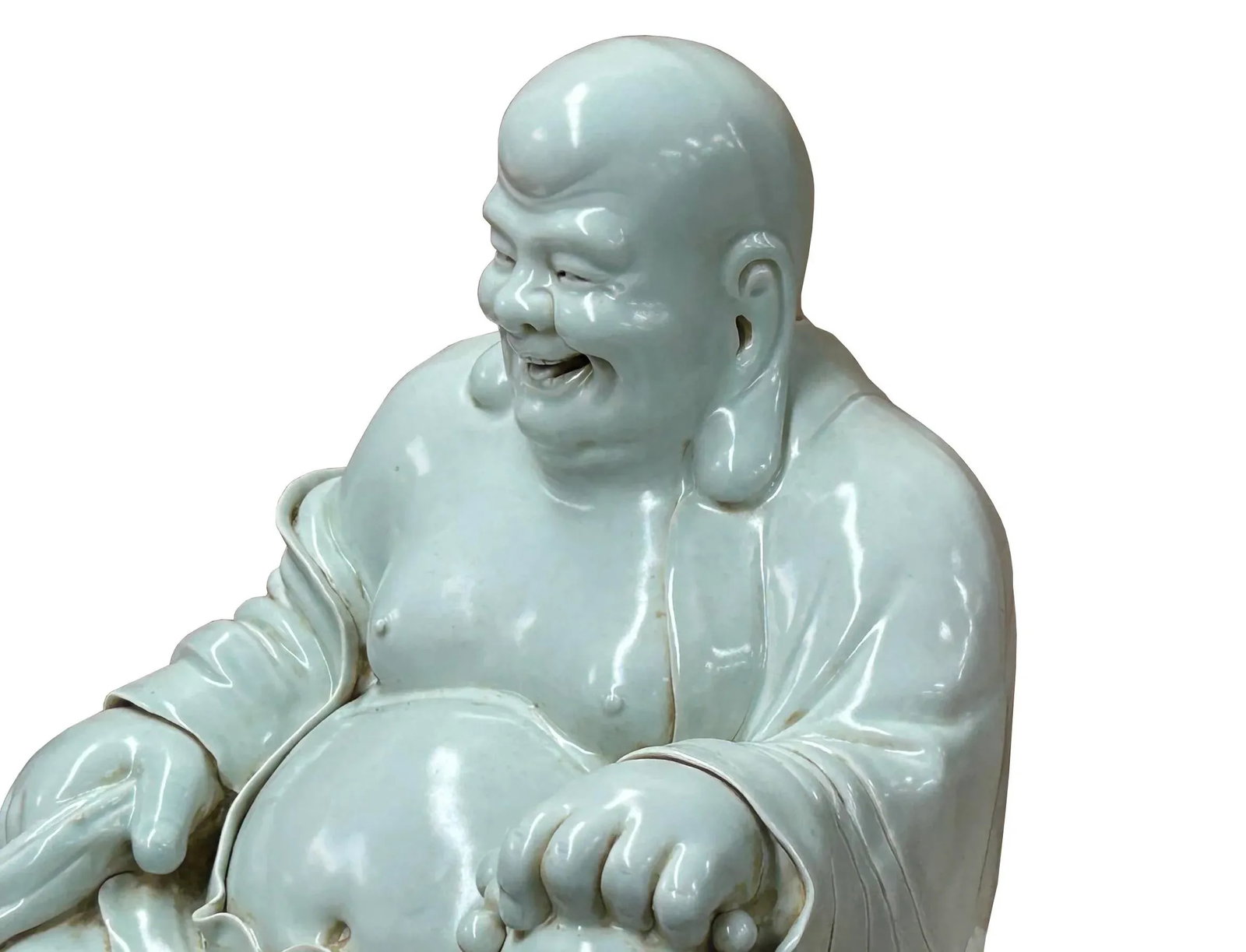 Oriental White Happy Laughing Buddha Ru Yi Praying Beads Porcelain Figure - 3