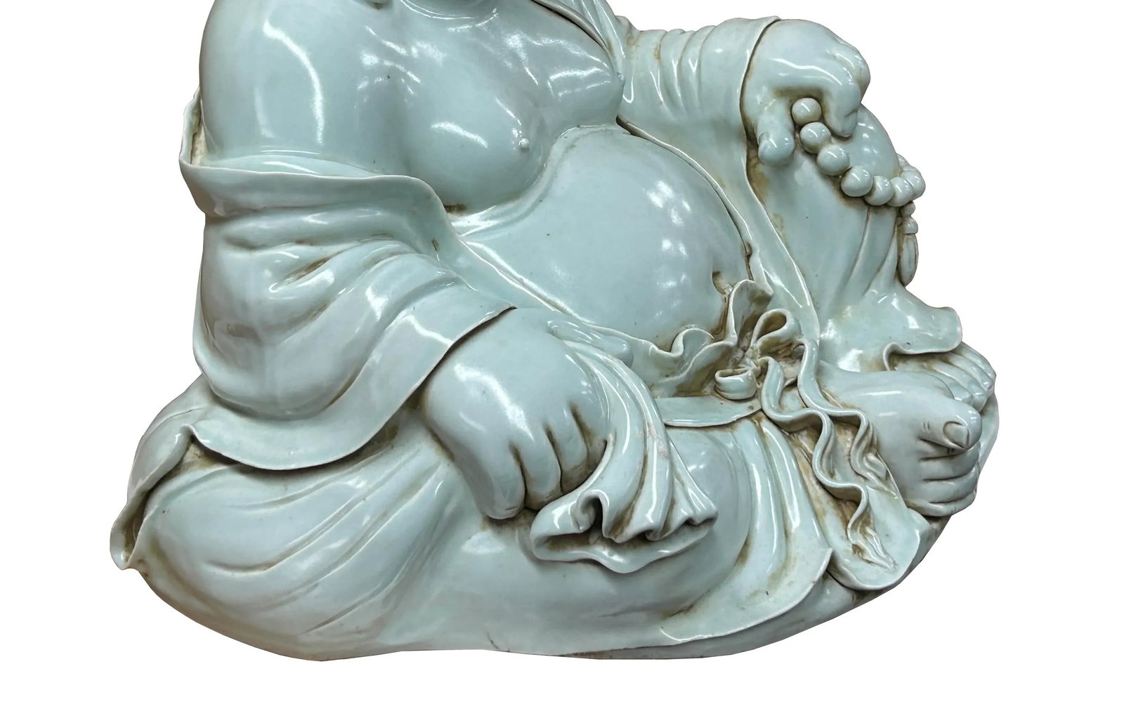 Oriental White Happy Laughing Buddha Ru Yi Praying Beads Porcelain Figure - 4