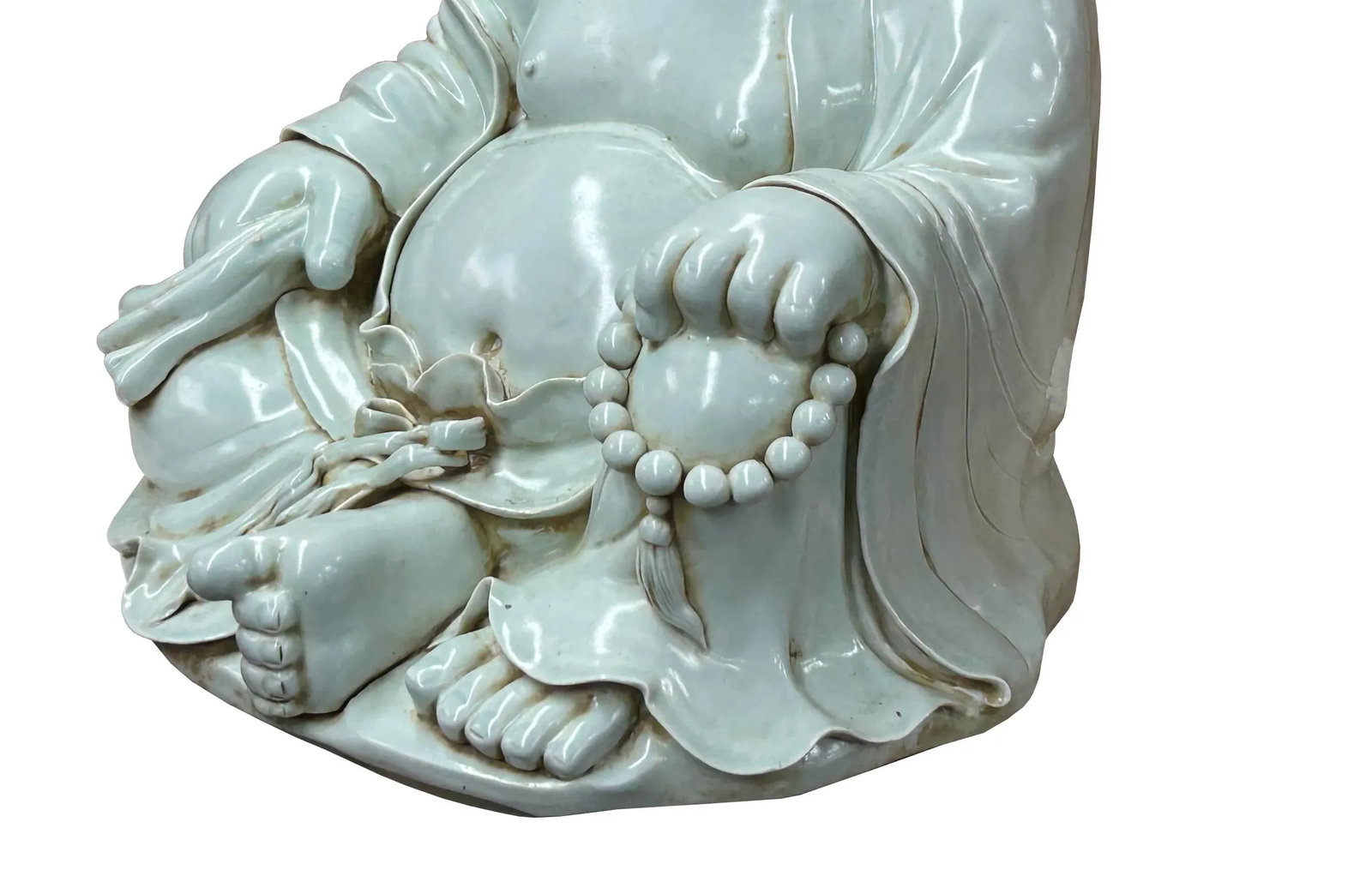 Oriental White Happy Laughing Buddha Ru Yi Praying Beads Porcelain Figure - 6