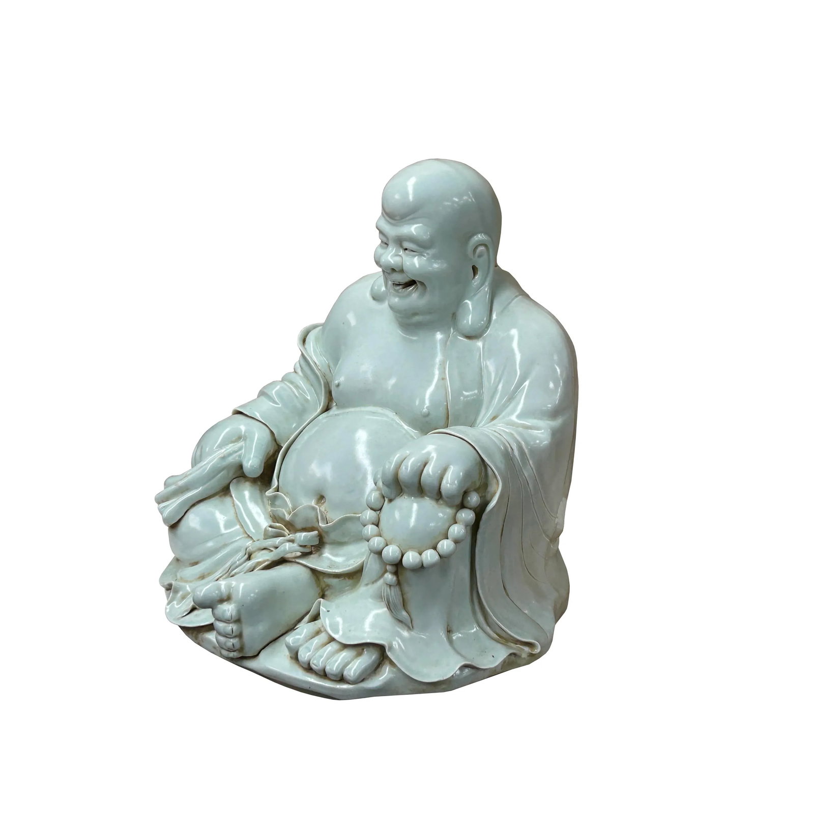 Oriental White Happy Laughing Buddha Ru Yi Praying Beads Porcelain Figure - 7