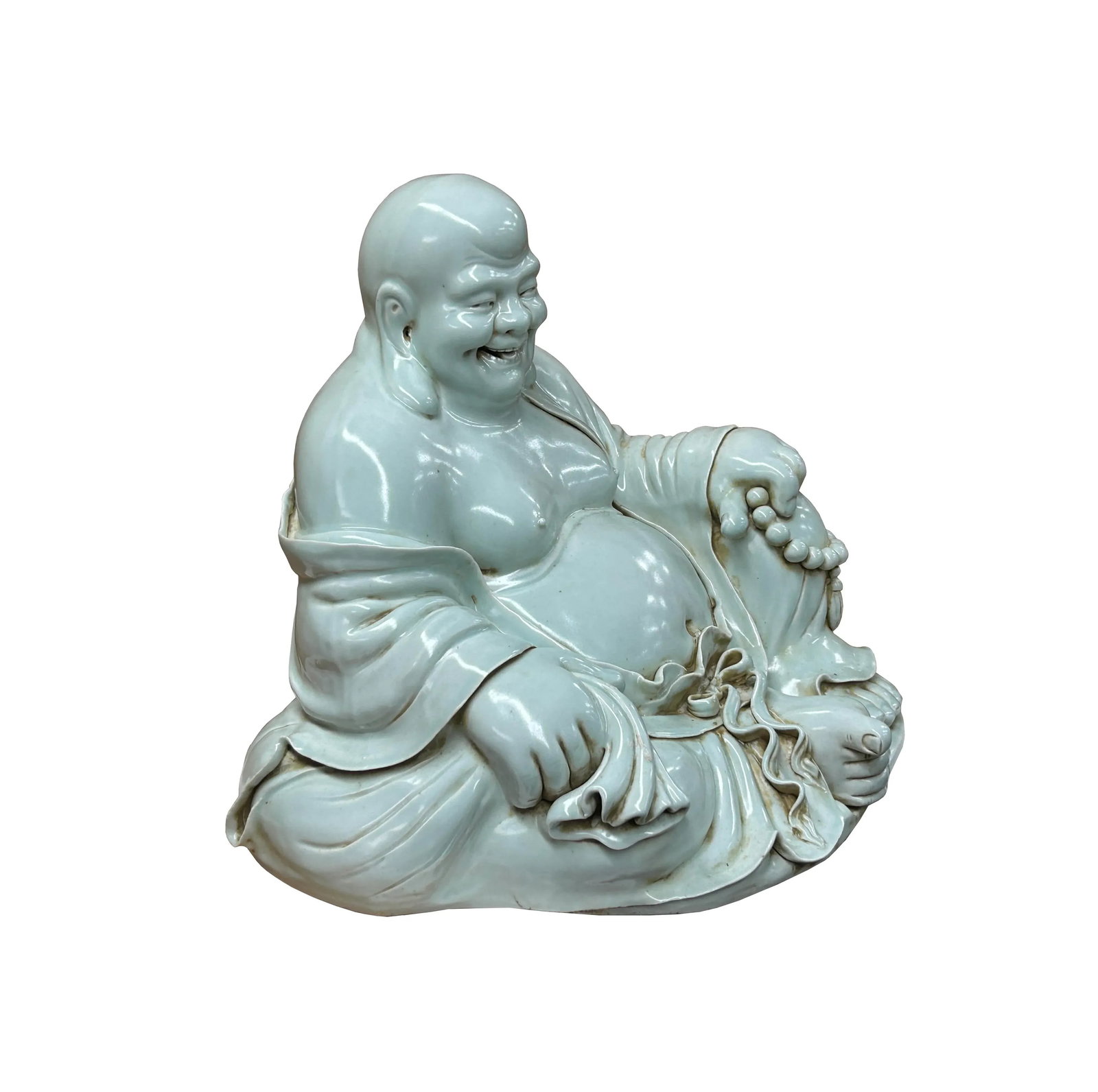 Oriental White Happy Laughing Buddha Ru Yi Praying Beads Porcelain Figure - 8