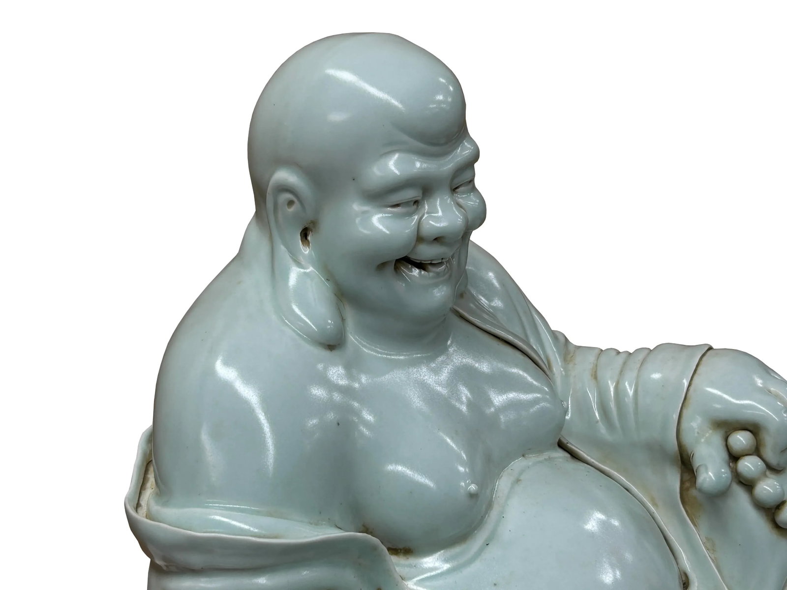 Oriental White Happy Laughing Buddha Ru Yi Praying Beads Porcelain Figure - 9