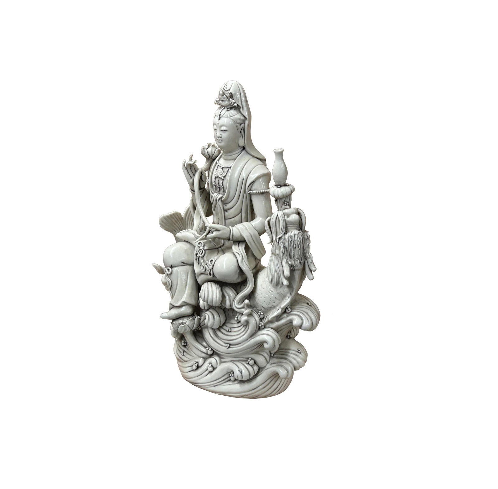 Chinese Handcrafted GuanYin Bodhisattva on Dragon White Porcelain Statue - 10