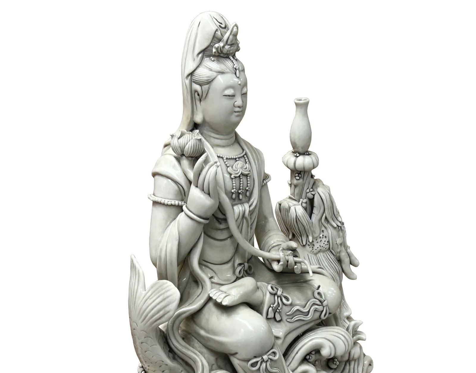 Chinese Handcrafted GuanYin Bodhisattva on Dragon White Porcelain Statue - 2