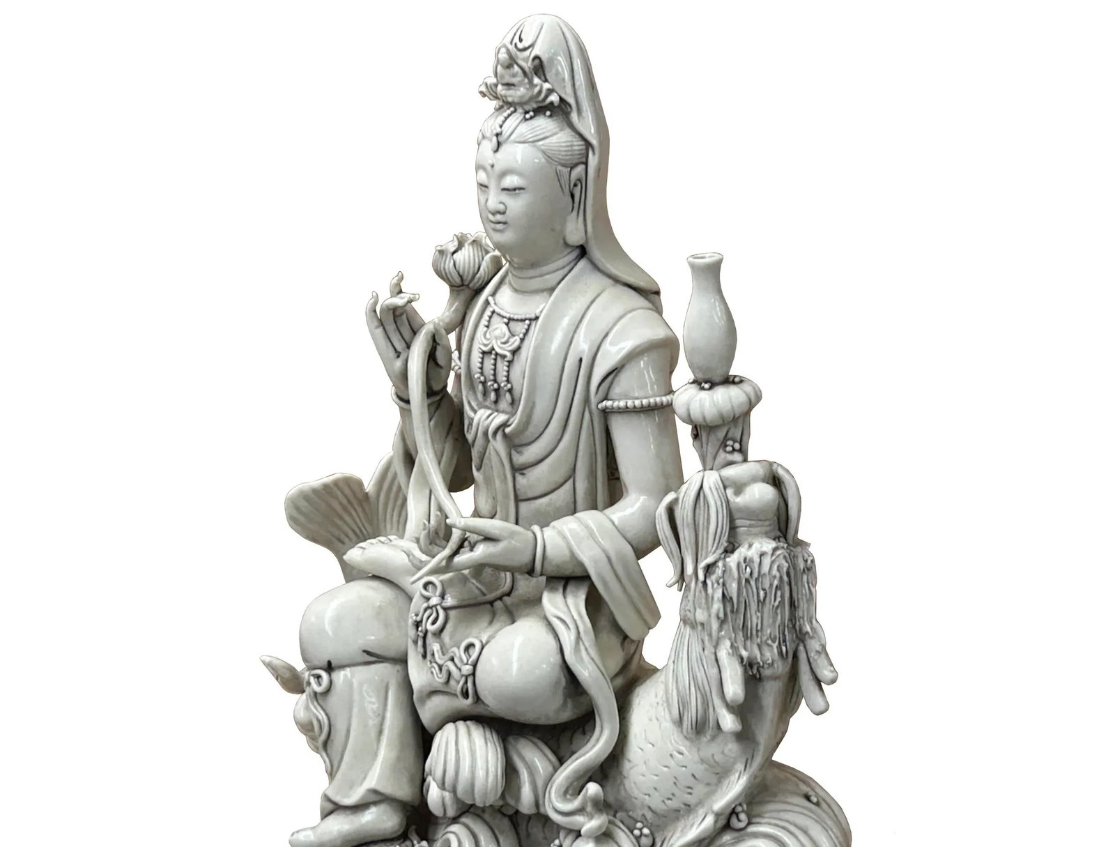 Chinese Handcrafted GuanYin Bodhisattva on Dragon White Porcelain Statue - 3
