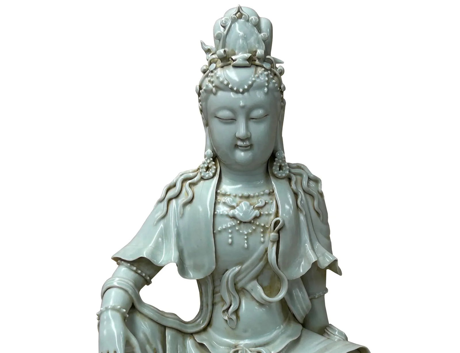 Chinese Handcrafted GuanYin Bodhisattva Tong Style Off White Porcelain Statue - 2