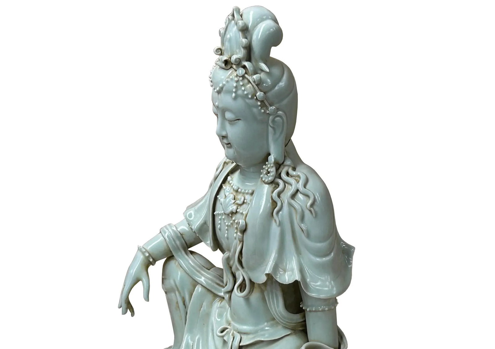 Chinese Handcrafted GuanYin Bodhisattva Tong Style Off White Porcelain Statue - 7