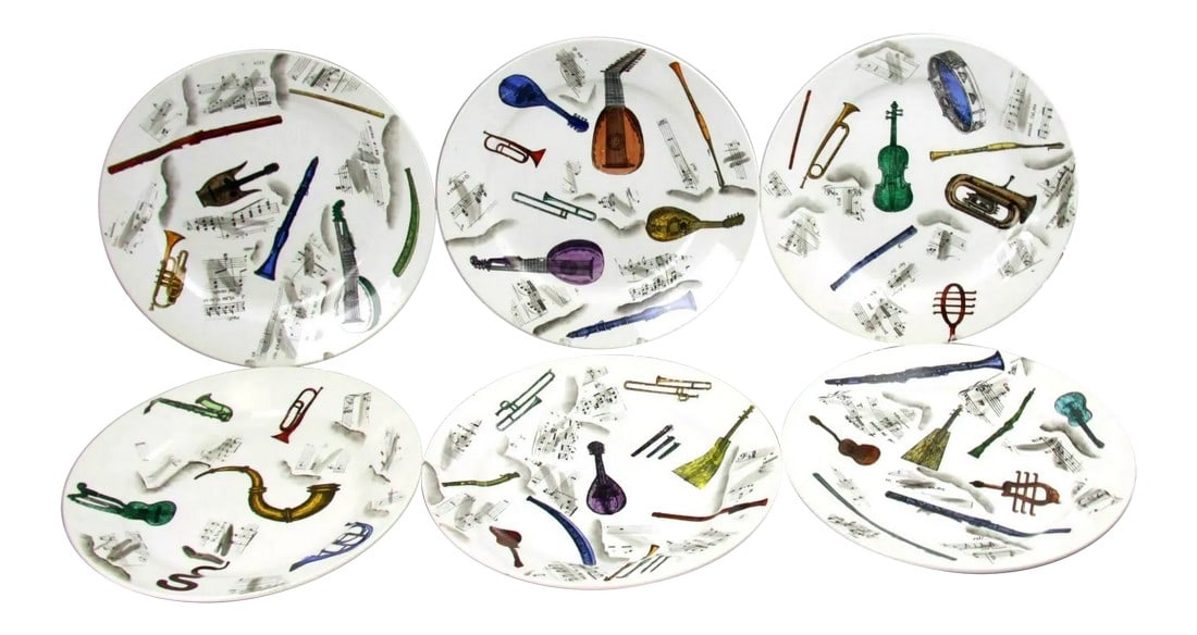 Early Piero Fornasetti Set of Six Musical Pottery Plates, Circa 1953: The Concerto Plate: Early Fornasetti Musical Series (c. 1953) This is a rare set of five early pottery plates by Piero Fornasetti, dating to circa 1953. This series is a fine example of Fornasetti's