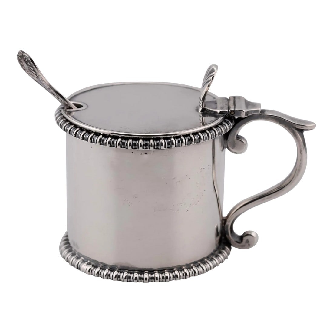 19th Century Victorian English Sterling Silver Mustard Pot With Liner and Spoon: This charming little 19th Century Victorian mustard pot was made by Harrison Fisher in Sheffield, England, hallmarked. The pot is decorated on the lid and contains a red glass liner and has a matching
