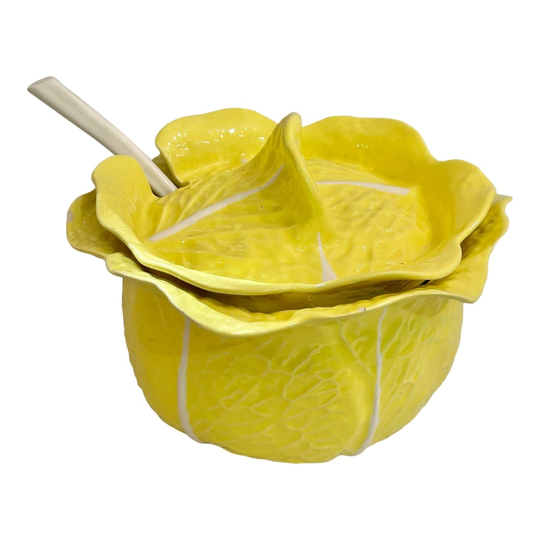 Mid 20th Century Italian Large Yellow Majolica Cabbage Ware Tureen With Lid and Ladle: These large majolica cabbageware pieces are getting harder to come by, especially in such wonderful vintage condition. Vivid yellow and white, this tureen is the favorite cabbage leaf pattern and