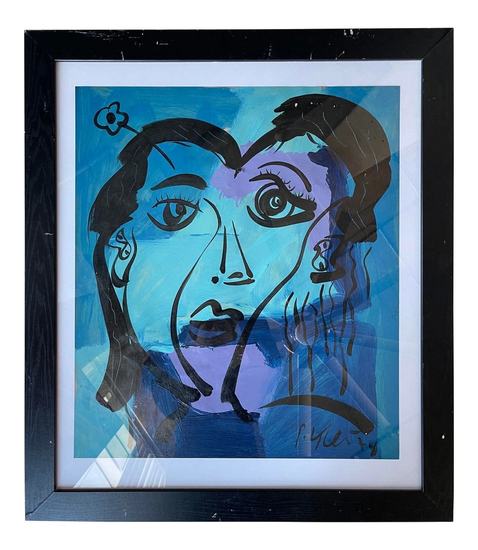 1970s Abstract Face Acrylic Painting by Peter Keil, Framed: Peter Keil is a German artist that focuses primarily on abstract expressionism. Keil painted with some of the greats including Joan MirÃ³, Pablo Picasso and Andy Warhol, to name a few. This