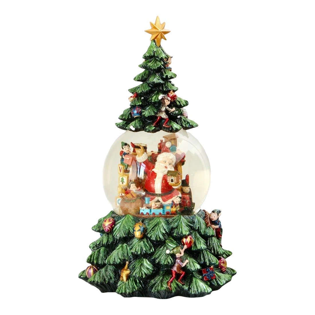 Christopher Radko "Santa's Helper" Extra-Large Musical Snow Globe Tree – 2002: An extraordinary collectible from Christopher Radko's 2002 holiday collection, Santa's Helper is an impressive, extra-large musical snow globe that captures the joyful spirit of Christmas with