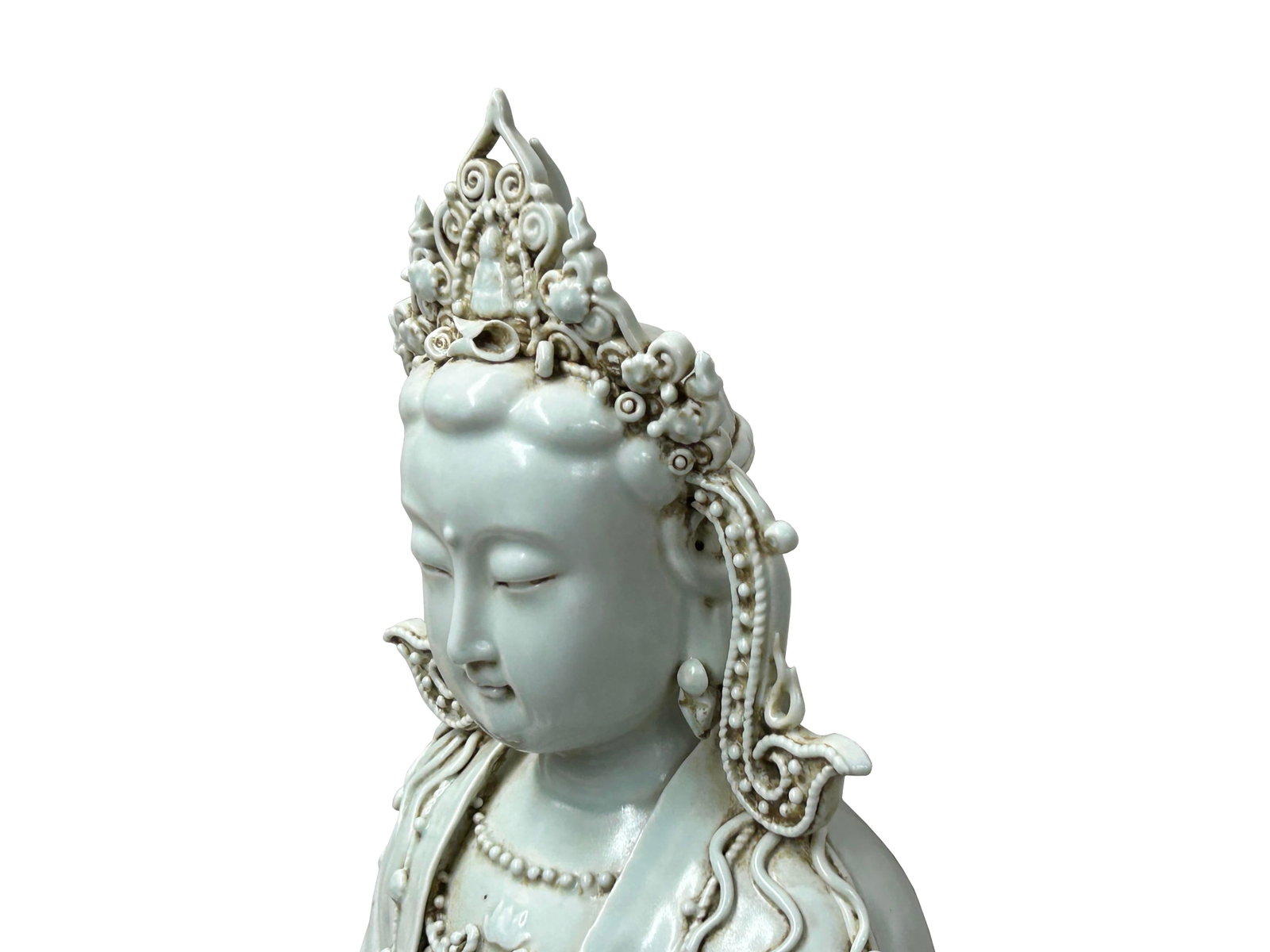 Pale Celadon White GuanYin Bodhisattva Tong Style Porcelain Statue - 8