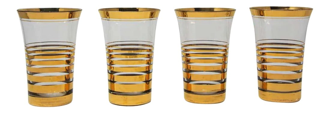 French Cocktail Glasses with 22-Karat Gold Design - Set of 4: Elegant vintage French barware cocktail glasses with a pattern in a gold leaf finish. Set includes 4 cocktail glasses in Moser style design. This fabulous elegant set of barware with 22-carat gold
