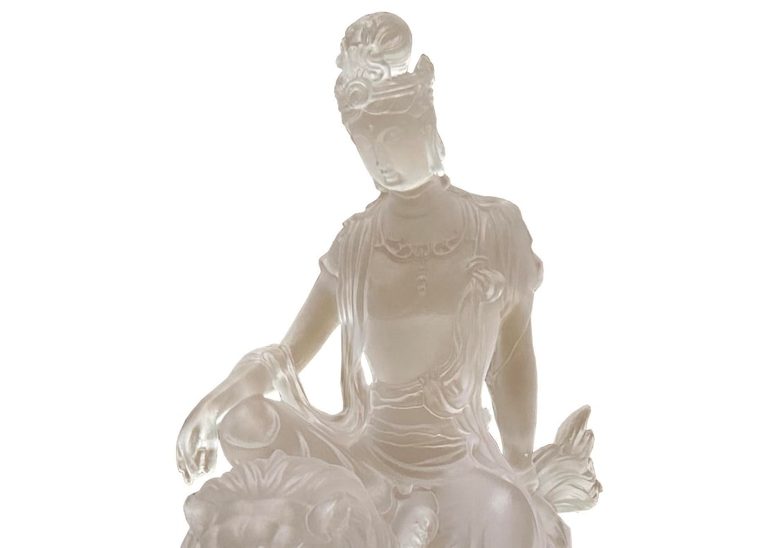 White Crystal Glass Liuli Pate-De-Verre Manjushri Kwan Yin Bodhisattva Statue - 2