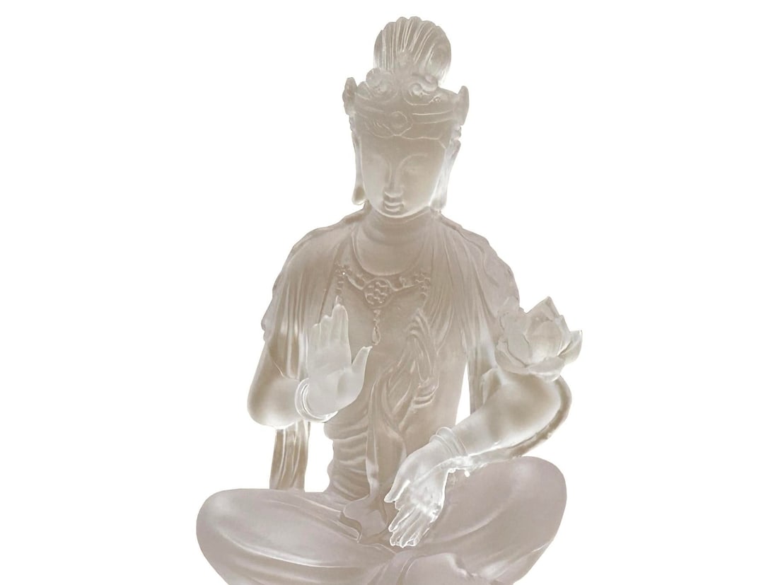 White Crystal Glass Liuli Pate-De-Verre Kwan Yin Bodhisattva on Elephant Statue - 2