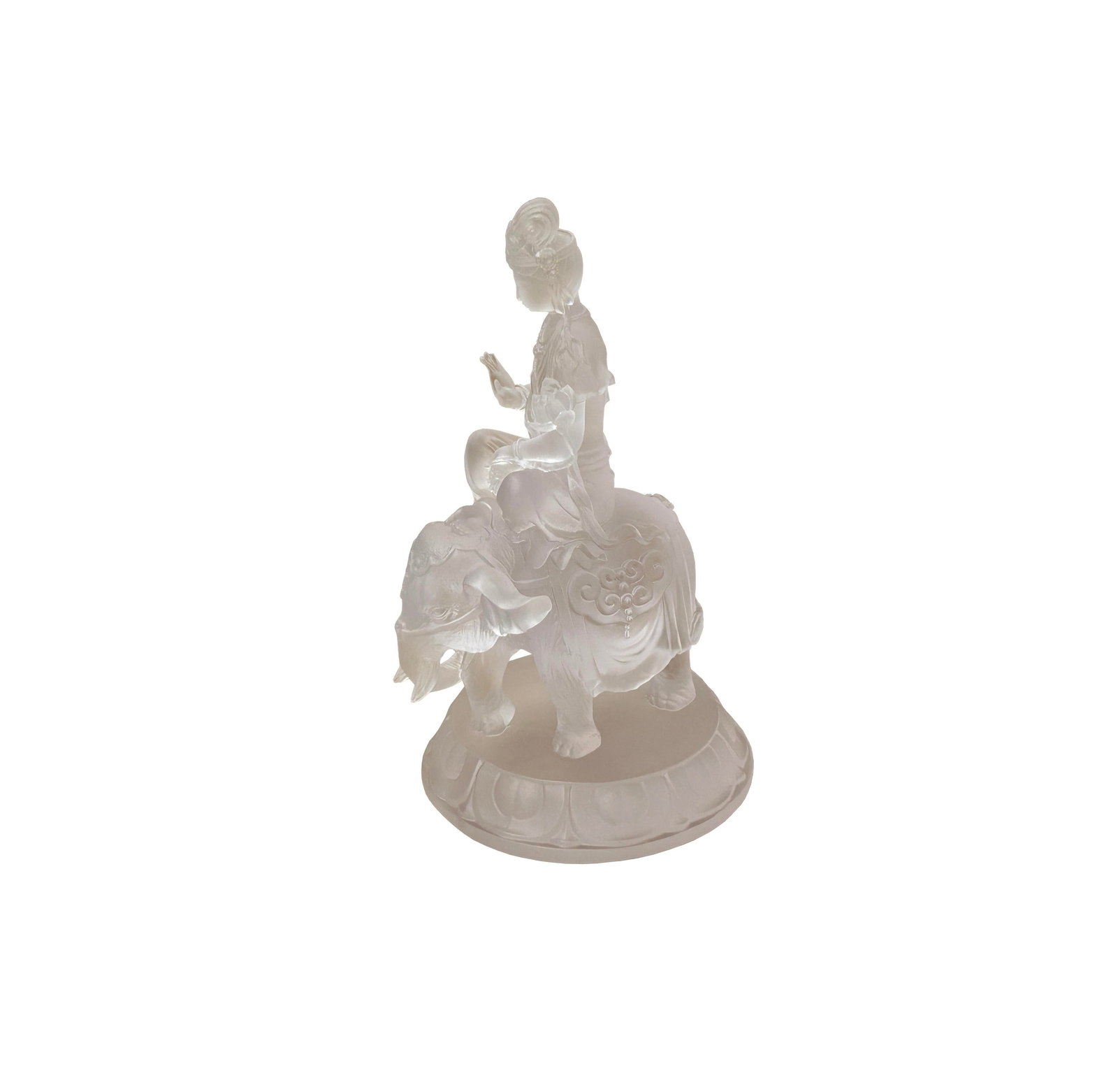 White Crystal Glass Liuli Pate-De-Verre Kwan Yin Bodhisattva on Elephant Statue - 4