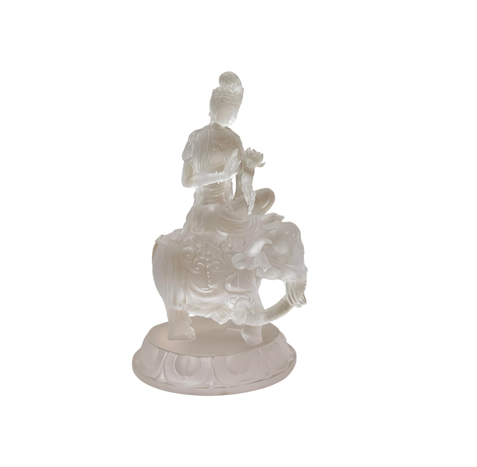 White Crystal Glass Liuli Pate-De-Verre Kwan Yin Bodhisattva on Elephant Statue - 5